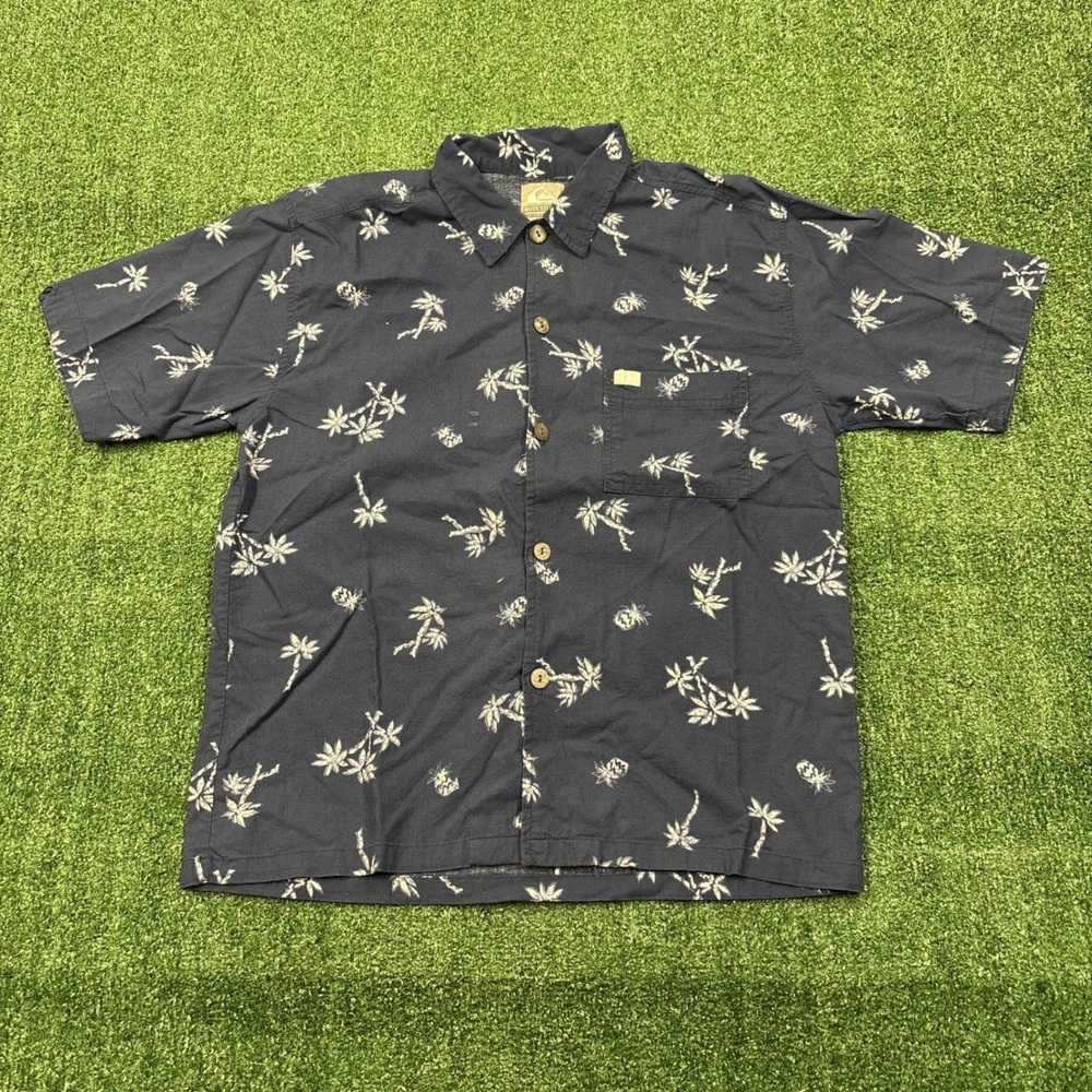 2000's Quiksilver T-shirt Button Up Palm Tree Pineapple Navy Blue Y2K